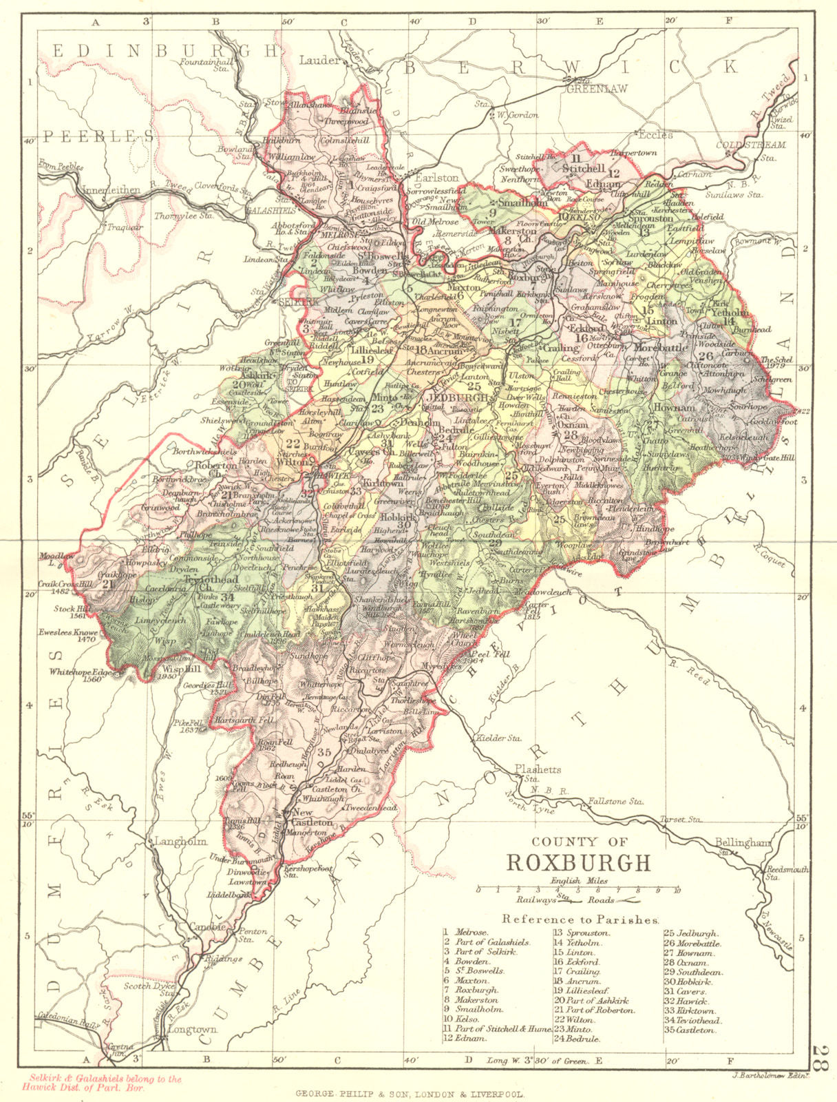 SCOTLAND. Roxburgh. Roxburghshire. Philip 1891 old antique map plan chart